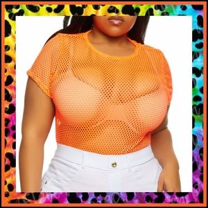 NEON ORANGE ☆ FISHNET BODYSUIT ☆ 3x ☆ NIP
